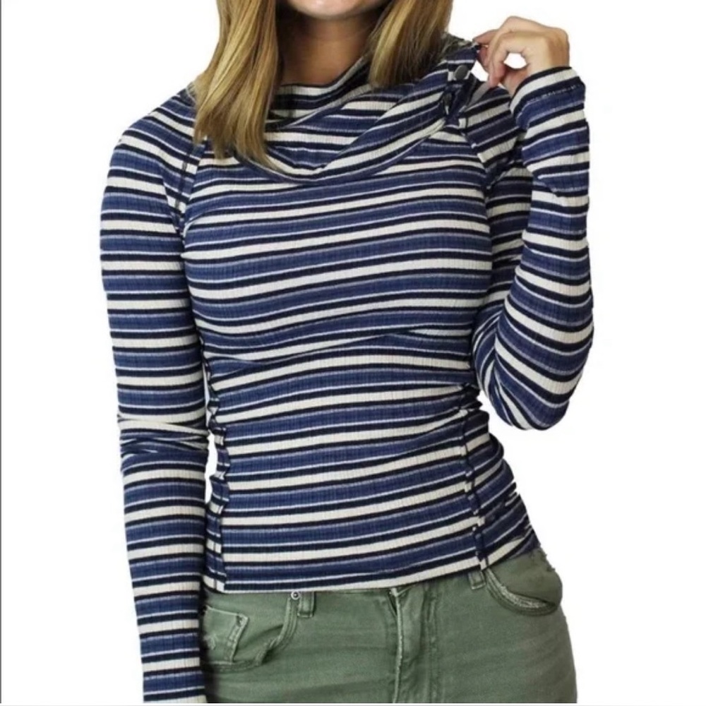Free People Navy and Cream Striped Turtleneck Sweater